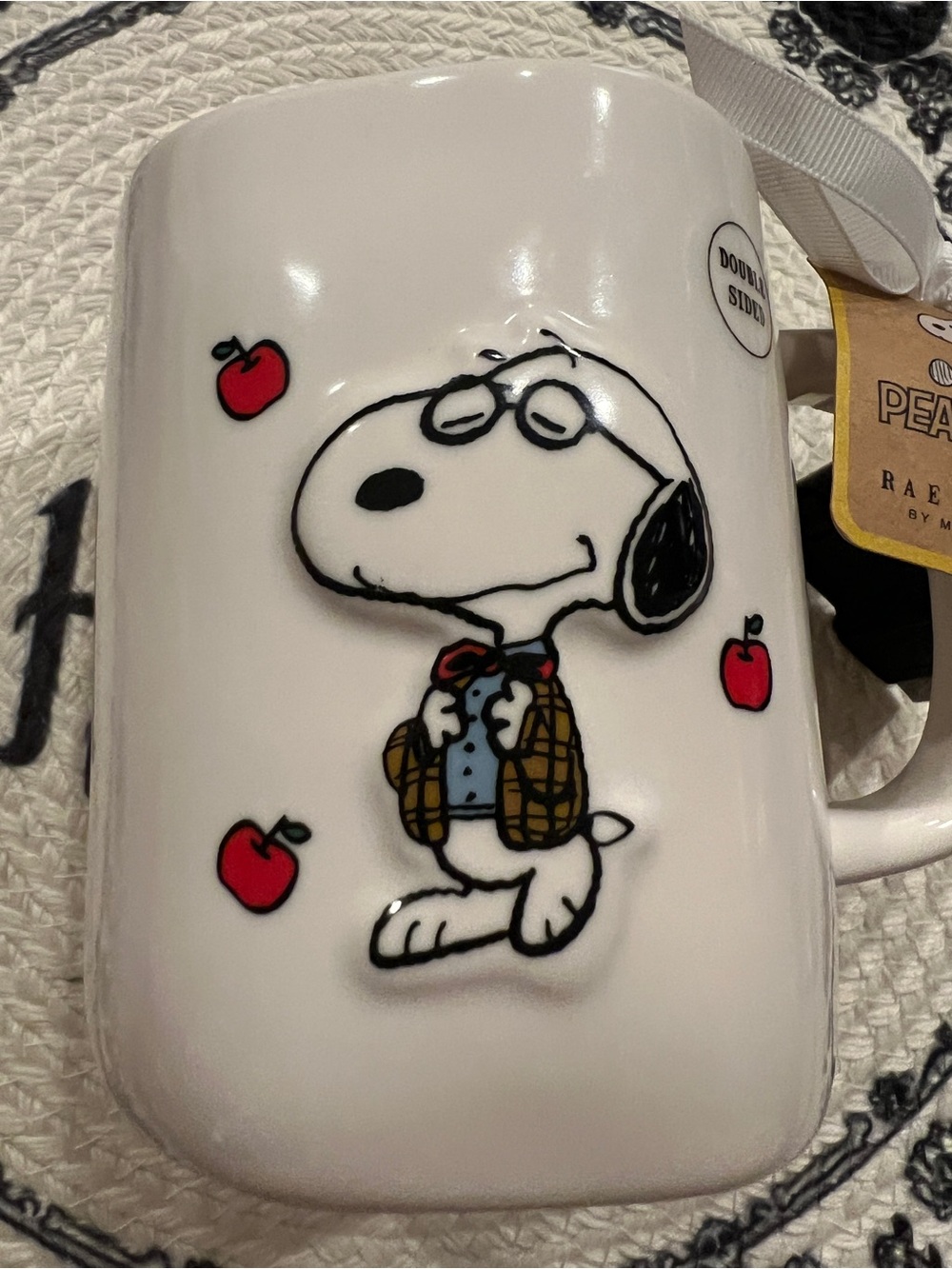 Rae Dunn #1 teacher White Ceramic Snoopy Mug with Red Apples - Picture 2 of 5